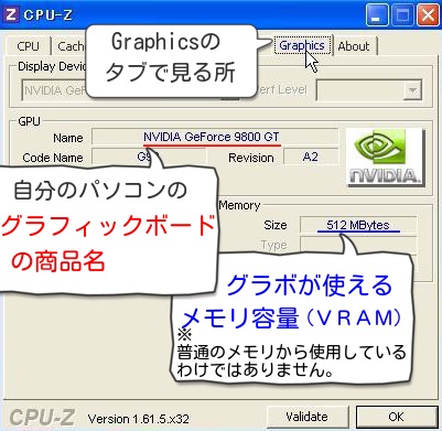 CPU-Zの使い方・Graphicsタブ]自分のグラボの商品名や詳細を確認する